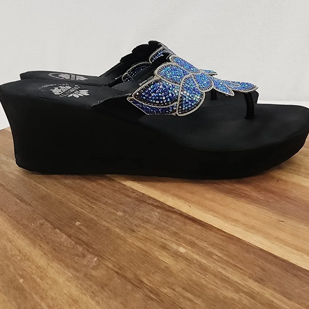 Yellow Box Platform Sandals Blue‎ Rhinestone Butterfly Thong Sandals Women's - Picture 4 of 7